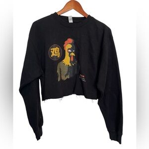 Black Cropped Sweatshirt with Rooster Graphic